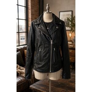 Viking Cycle Womens Black Genuine Leather Moto Biker Jacket XL Braided Detail